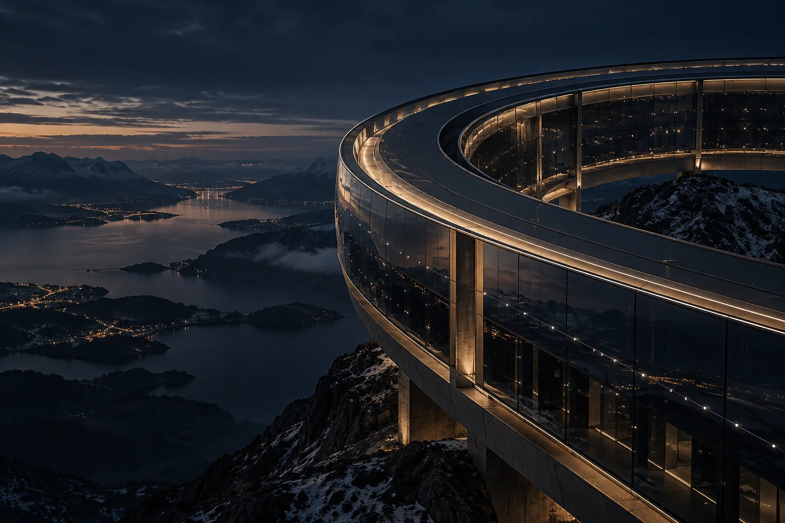 A precision-engineered observatory illuminated above a mountain landscape